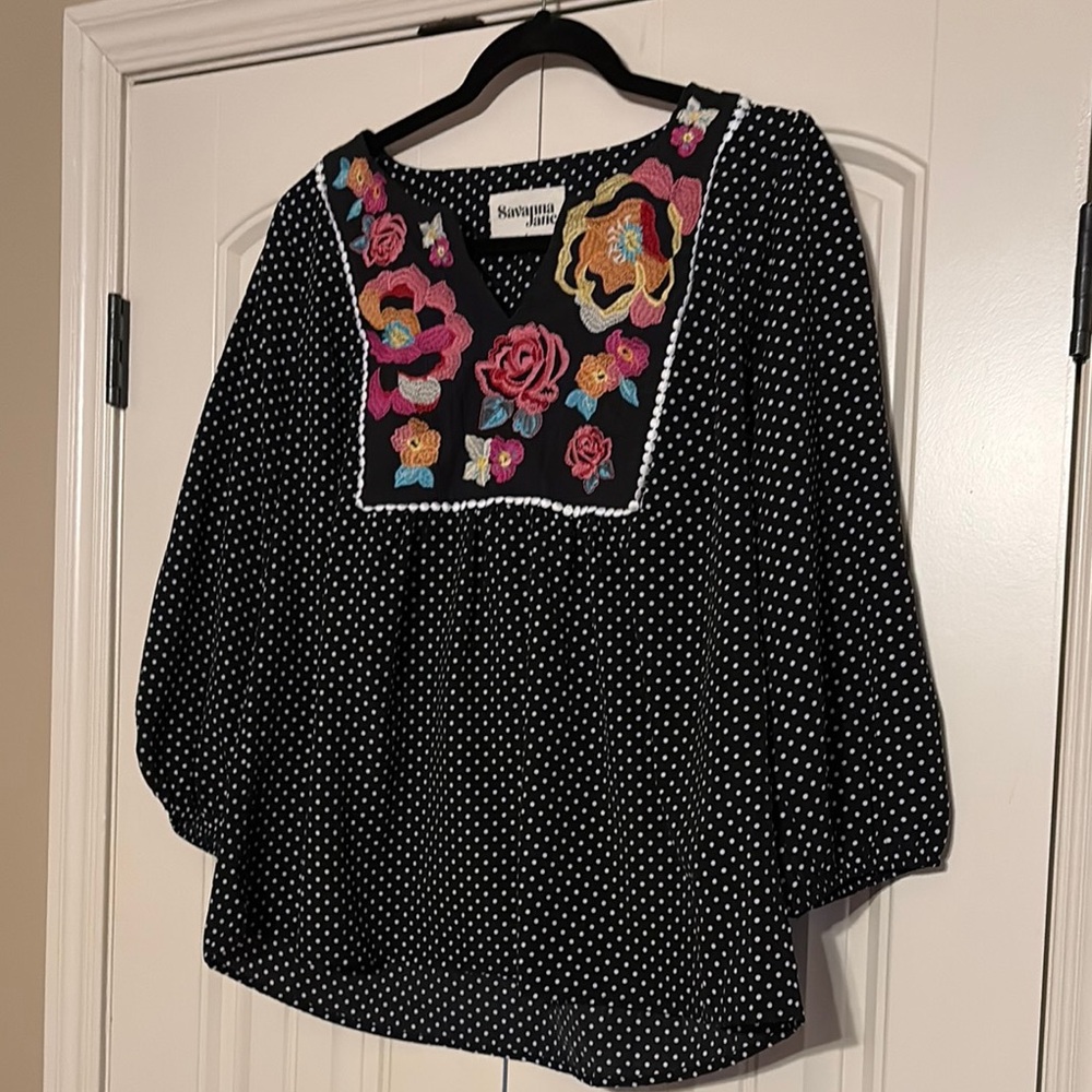 Savanna Jane Black Blouse with Floral Embroidery